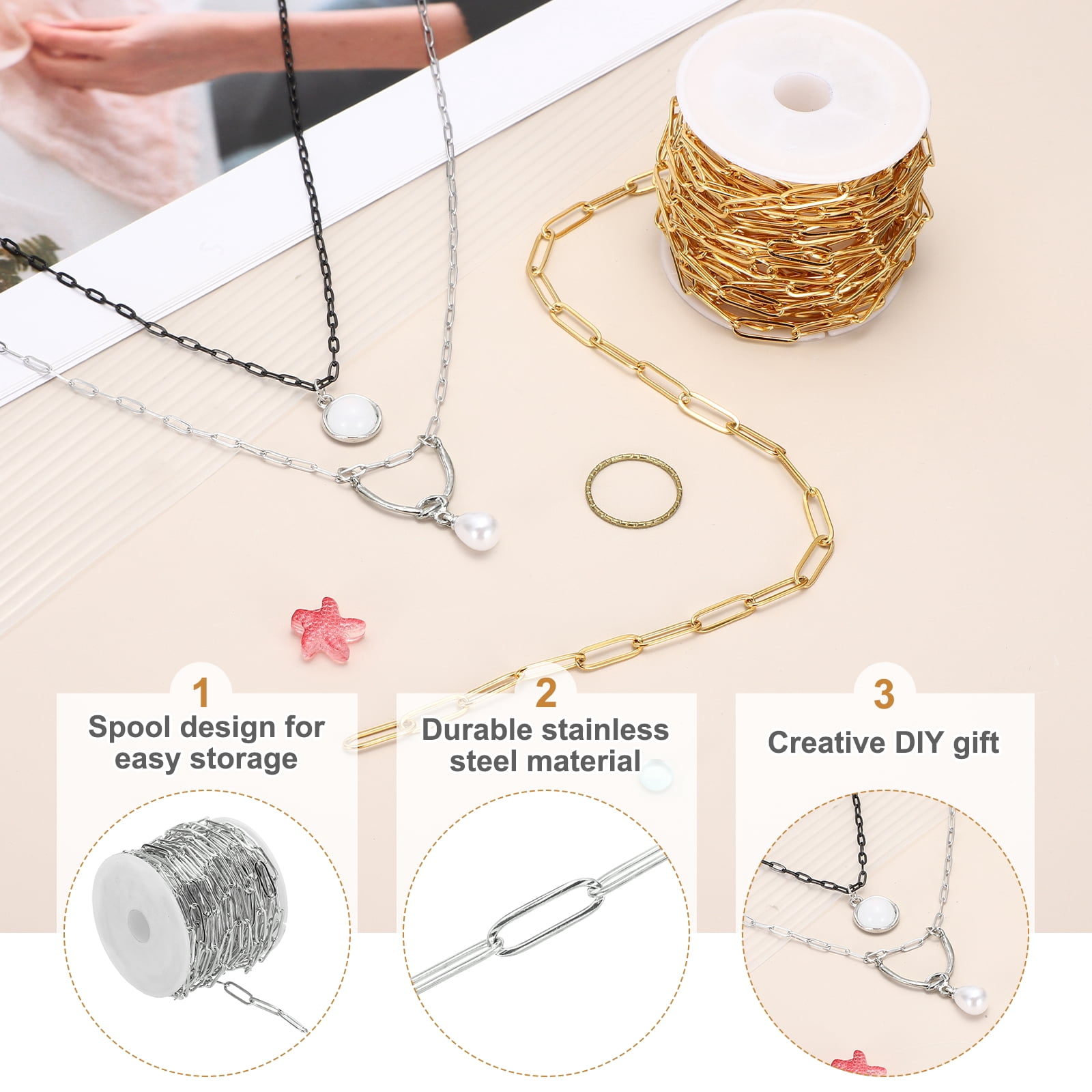 Uxcell 16.4 ft Paper Clip Chain, 4.5mm W Stainless Steel Chains for Jewelry Making, Silver