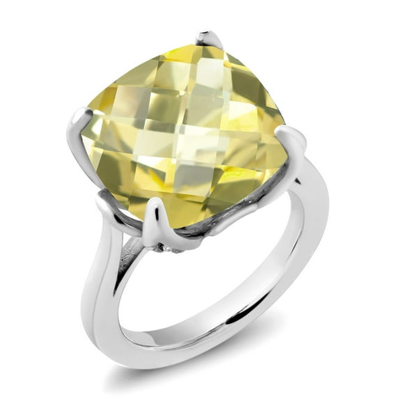 Gem Stone King 925 Sterling Silver Yellow Lemon Quartz and White Moissanite Engagement Ring for Women (9.10 Cttw, 14MM Cushion Checkerboard, Size 8)