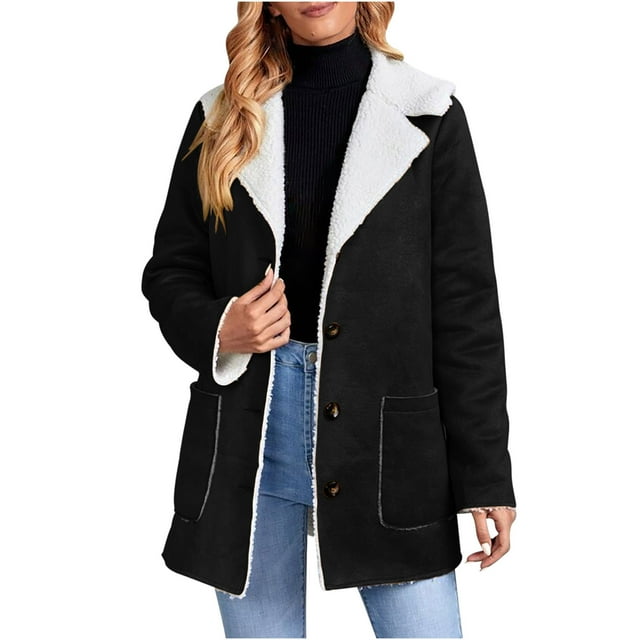 FAIWAD Veste Doublée en Polaire pour Femmes à Manches Longues, Manteaux Doublés en Peluche Tendance avec Revers, Manteau d'Hiver Chaud
