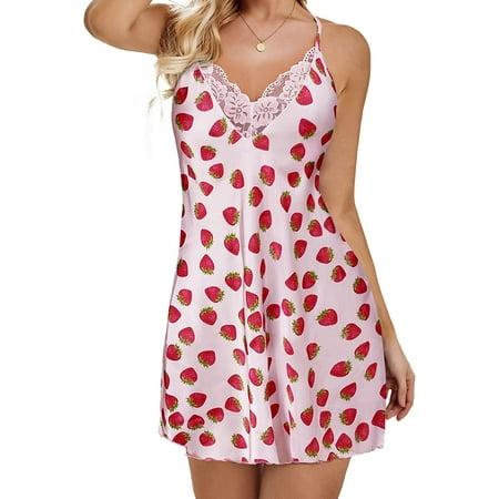 

Avidlove Valentine Lingerie for Women Strawberry Lingerie Silk Nightgown Satin Lace ChemiseStrawberry PatternS