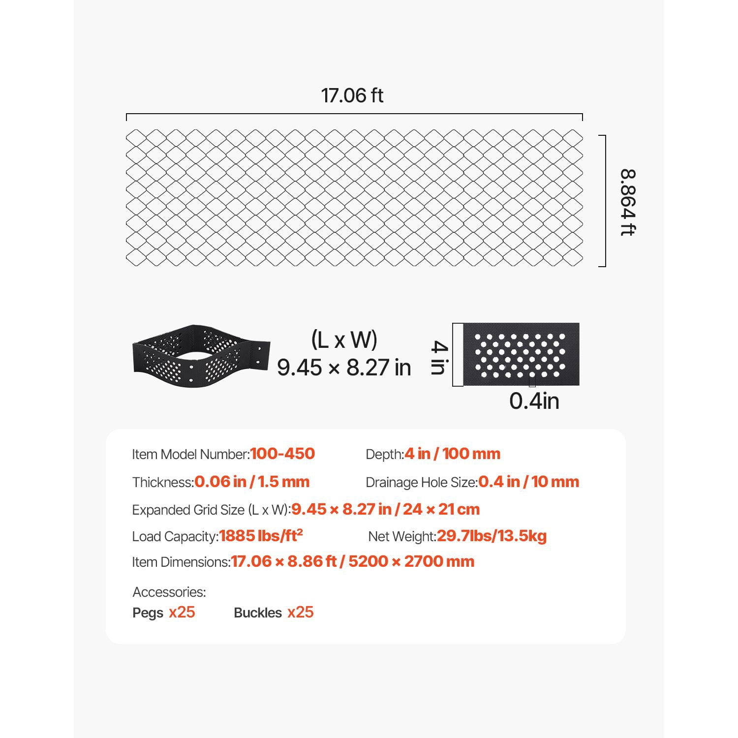 Gravel Grid, 4 Inch Depth, 1880 LBS Per Sq ft Grass Ground Retainer, Permeable Geo Grids Driveway Stabilization, for Garden, Patio, Walkway, RV Parking Slopes, 17.06x8.86 FT/5200x2700mm
