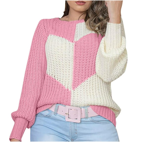 Aoochasliy Womens Sweaters Pullover Clearance Casual Loose O-Neck Heart Pattern Sweater Pullover
