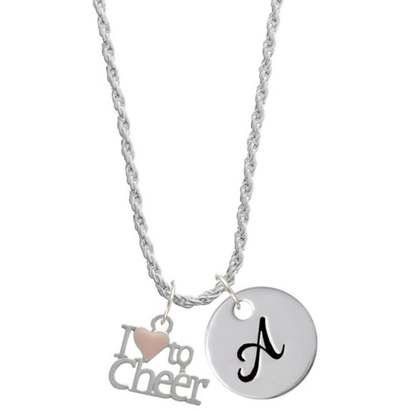 Delight Jewelry Silvertone I love to Cheer with Pink Heart Silvertone Script Initial Disc - A - Charm Necklace, 20" 3"