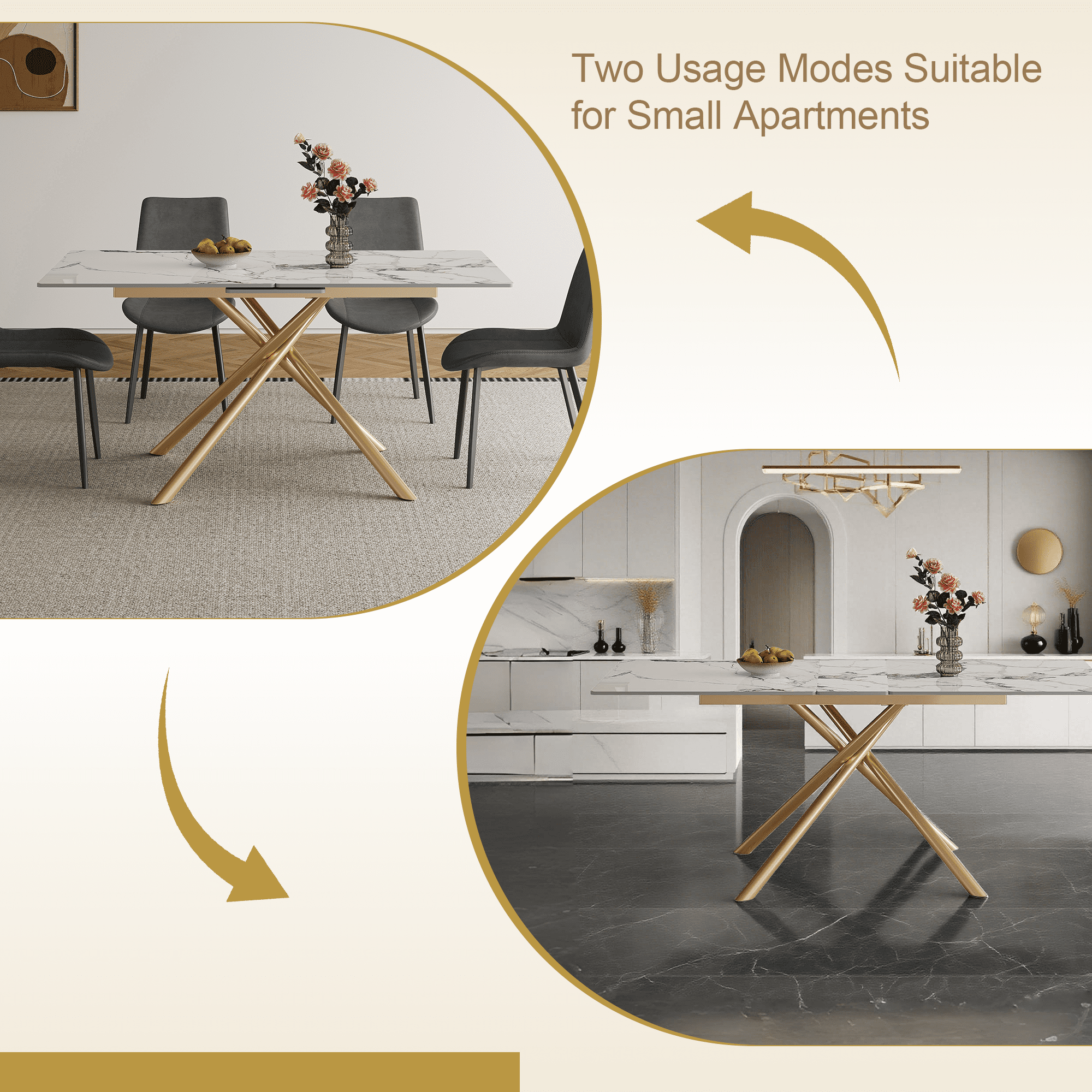 Montary 59-inch Modern Rectangle Expandable Dining Table with Retractable Leaf, Sintered Stone Top & Golden Carbon Steel X-Base, Dining Table Set with 4 Gray PU Chairs for Apartments, Kitchen