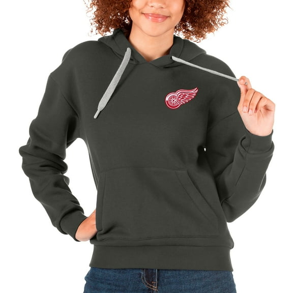 Women's Antigua Charcoal Detroit Red Wings Primary Logo Victory Pullover Hoodie