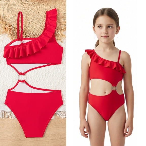 Girl Swimsuit Two Piece Ruffle Swimwear with Chest Pad Bathing Suit for Tweens 13-14 Years