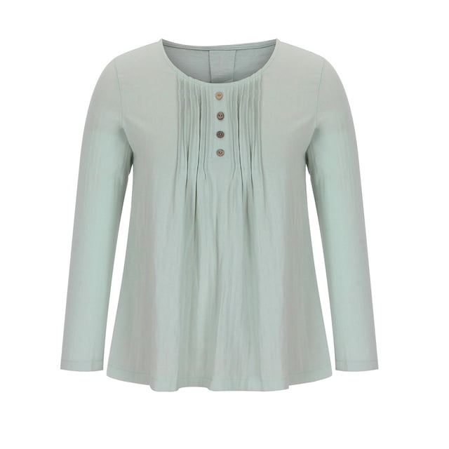 Timegard Tops for Women Plus Size Cotton Linen Round Neck Button Long Sleeve Casual Loose Tops