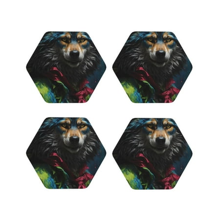 

Fuzoiu Vintage Wolf Warrior Print Leather Coasters Set Drink Coasters Set of 4 for Tabletop Protection Durable PVC Coasters Home Décor and Housewarming Gift-Hexagon