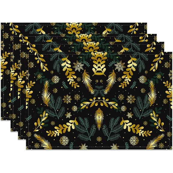 Christmas Place Mats Set of 6 Christmas Black Gold Leaves Snowflakes Gold Shining Spots Table Mat Holiday Home Kitchen Table Mat Decoration 12x18 Inch