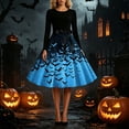 thumbnail image 5 of BaoFuBaoMei Vintage Halloween Dresses for Women Plus Size Crew Neck Long Sleeve Halloween Bats Print Midi Dress Back Zipper Closure Waist Bow Tie a Line Dresses for Party, 5 of 6