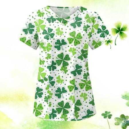 

Summer Savings Clearance wo-fusoul Plus Size Tops St Patricks Day Shirt for Women Scrubs Top Women s Working Uniform Nursing Uniform With Two Pockets Short Sleeve V-neck Summer Blouse