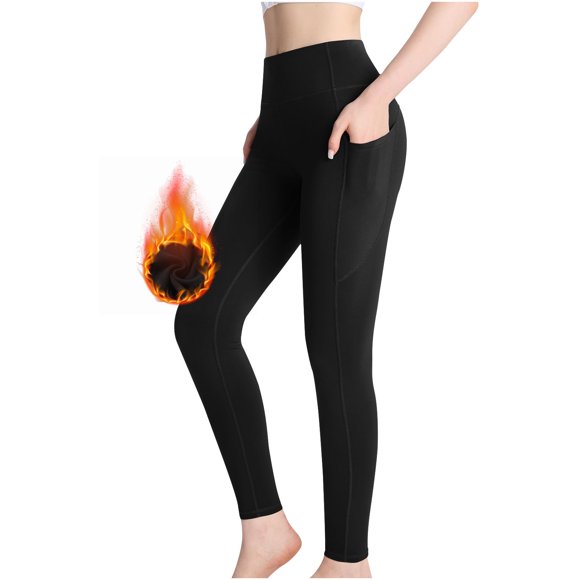 VKOYWKM Yoga Leggings for Women Fleece Lined Warm Leggings Slim Fit Elastic High Waisted Leggings Solid Color Stretchy Workout Leggings with Pockets Size M Black