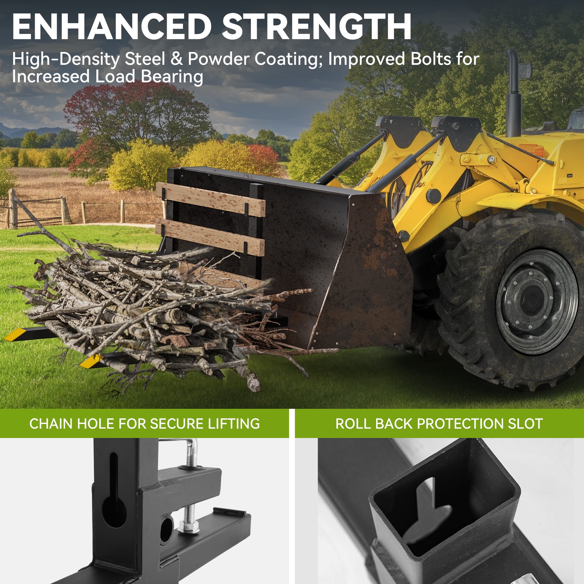Uforic Clamp On Pallet Forks for Tractor Bucket, 60 in, 4000 lb Capacity, Heavy Duty Steel with Adjustable Stabilizer Bar and Anti-Roll Bar, Pair