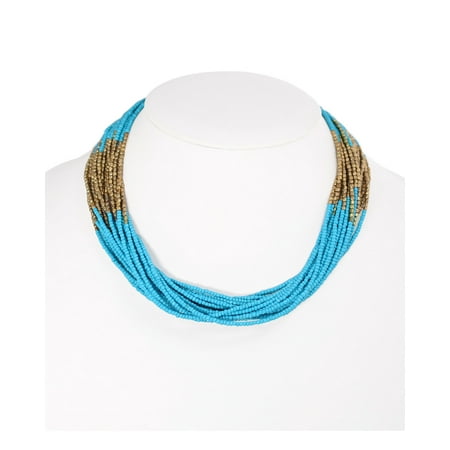 TAZZA WOMEN'S GOLD AND TURQUOISE SEED BEADS LAYERED STATEMENT NECKLACE