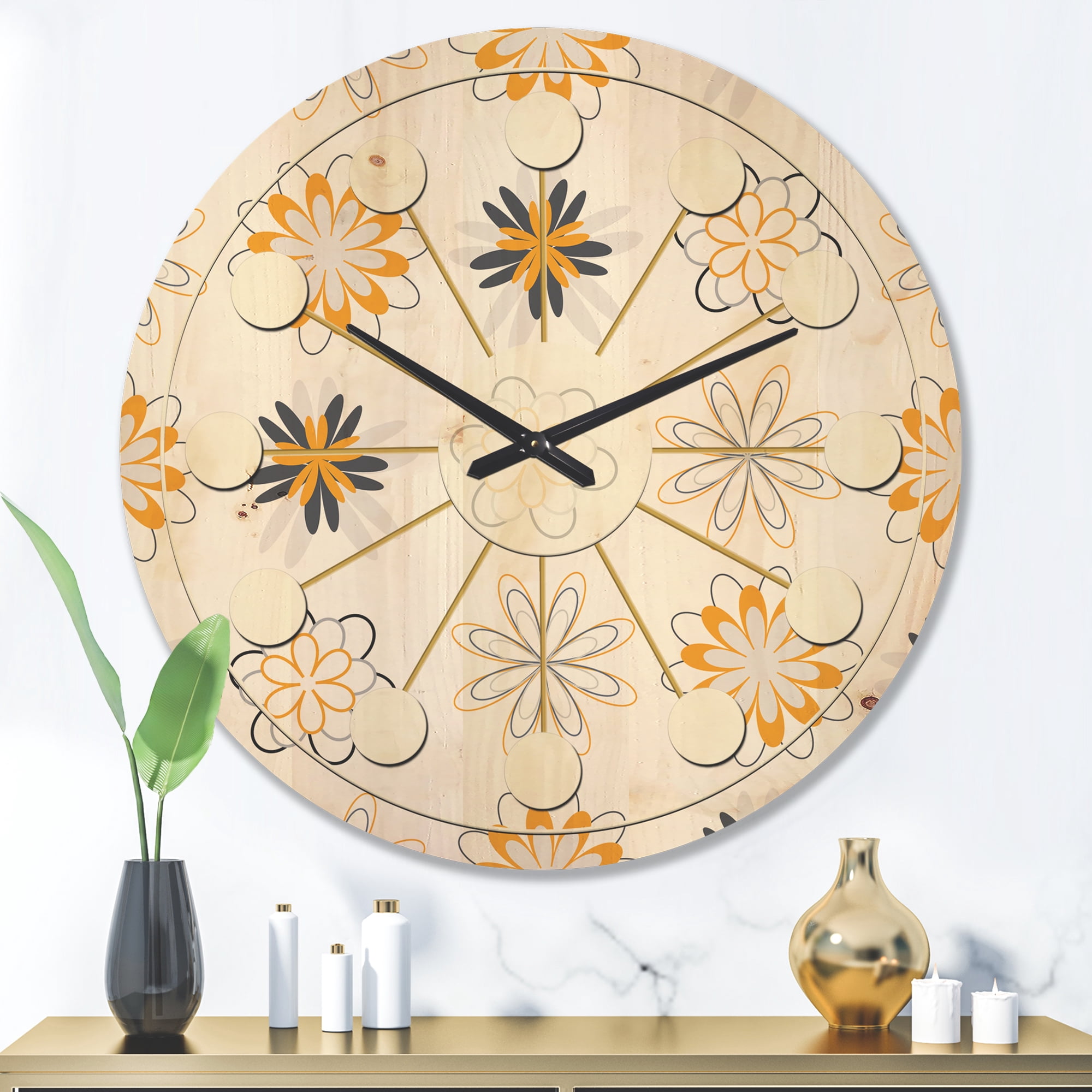 Designart 'Floral Retro Pattern VIII' Mid-Century Modern Wood Wall Clock