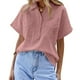 thumbnail image 1 of Blusa de manga corta con cuello vuelto para mujer, blusa informal con botones y cuello en V de Color liso con bolsillos, 1 of 6