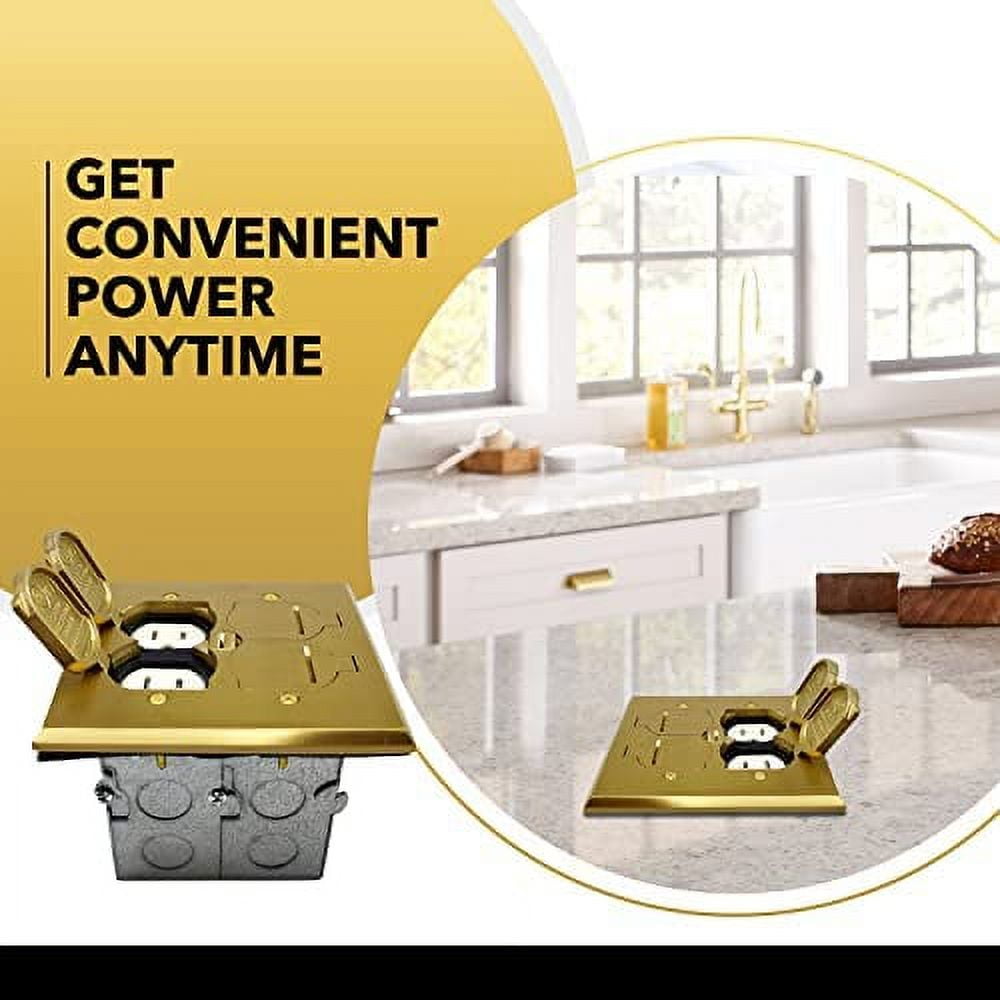 SELECT Lighting SLFB-2G-TR20-LV-BR 20A Receptacle Outlets, Tamper Resistant Electrical Floor Box with Flip Lid and Brass Cover, Retractable Recessed Socket for Kitchen, Countertops & Floors
