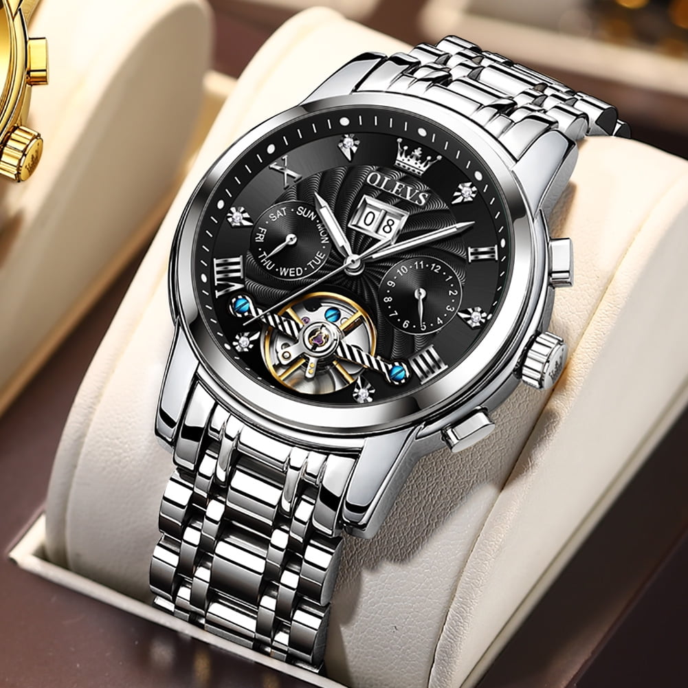 OLEVS Watch for Men Automatic Skeleton Tourbillon Mechanical Self Winding Business Luxury Dual Calendar Stainless Steel Luminous Waterproof Man Wrist Watches Black Dial