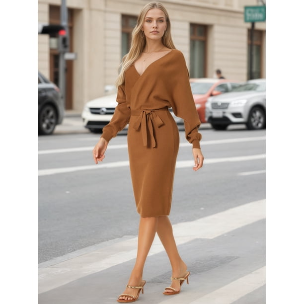 Unique Bargains Women's Deep V Neck Wrap Lantern Sleeve Belted Mini Sweater Dress M Brown, Size: Medium Unique Bargains Women's Deep V Neck Wrap Lantern Sleeve Belted Mini Sweater Dress M Brown, Size: Medium
