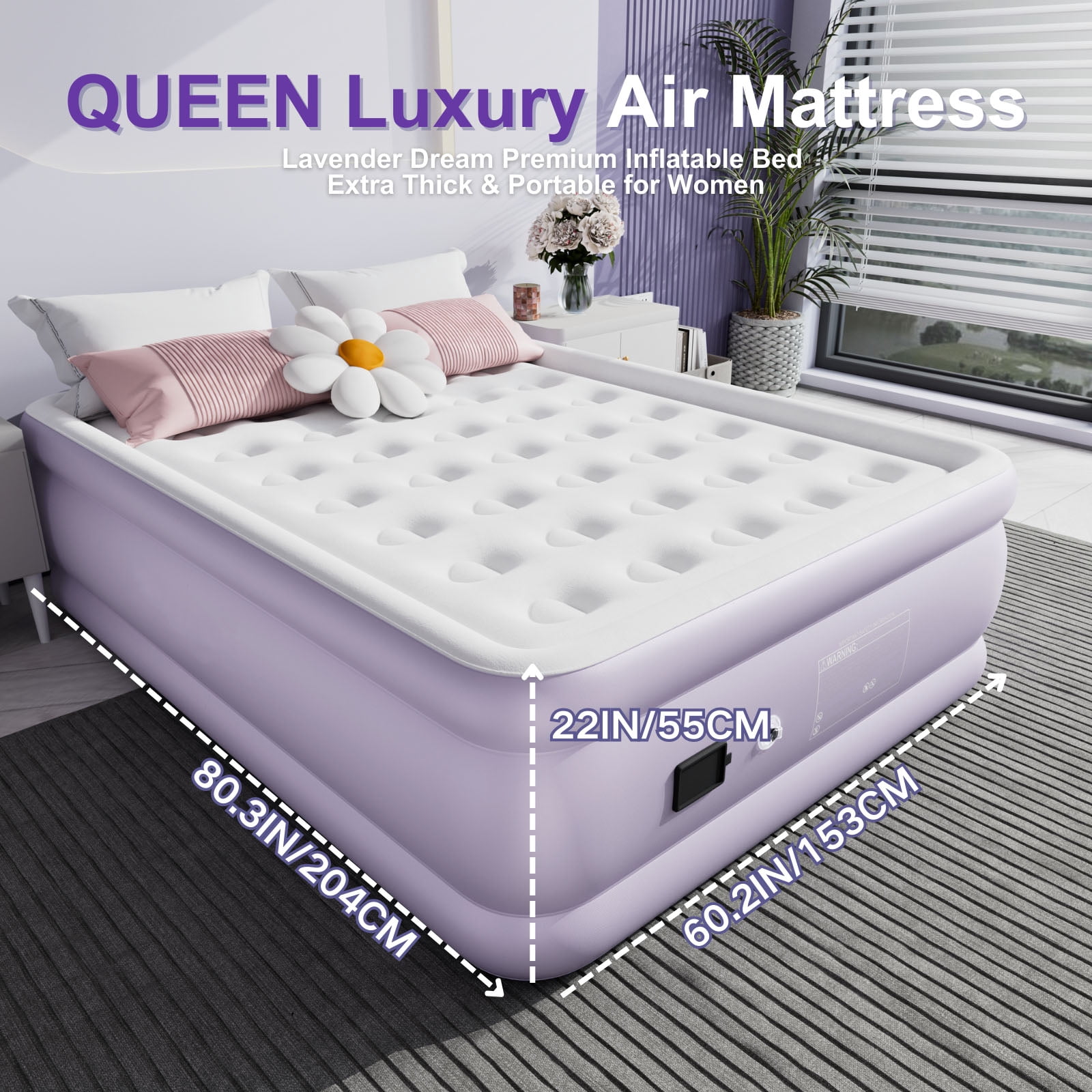 22" Luxury Queen Air Mattress with Built-In Battery Pump,Heavy-Duty Waterproof Veltex Surface for Indoor/Outdoor Use,Portable Inflatable Camping Bed & Guest Bed(Lavender Purple)