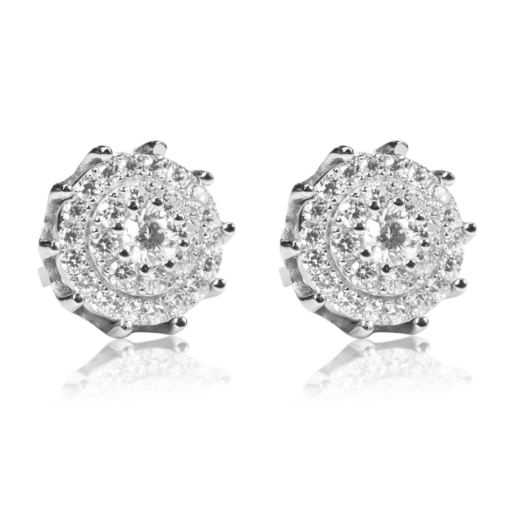 Brilliant Round Spiked Cut Big Iced Cz White Gold Plated 925 Sterling Silver Screw Back Post Large Circle Flower Cluster Spike Stud Hip Hop Earrings