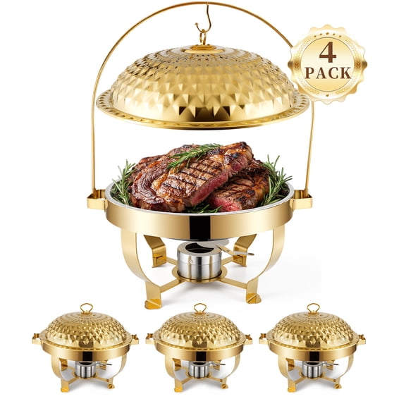 Esheno 4 Pack Gold Stainless Steel Chafing Dish Set 8 Qt Buffet Warmer with Lids Pans Fuel Holder