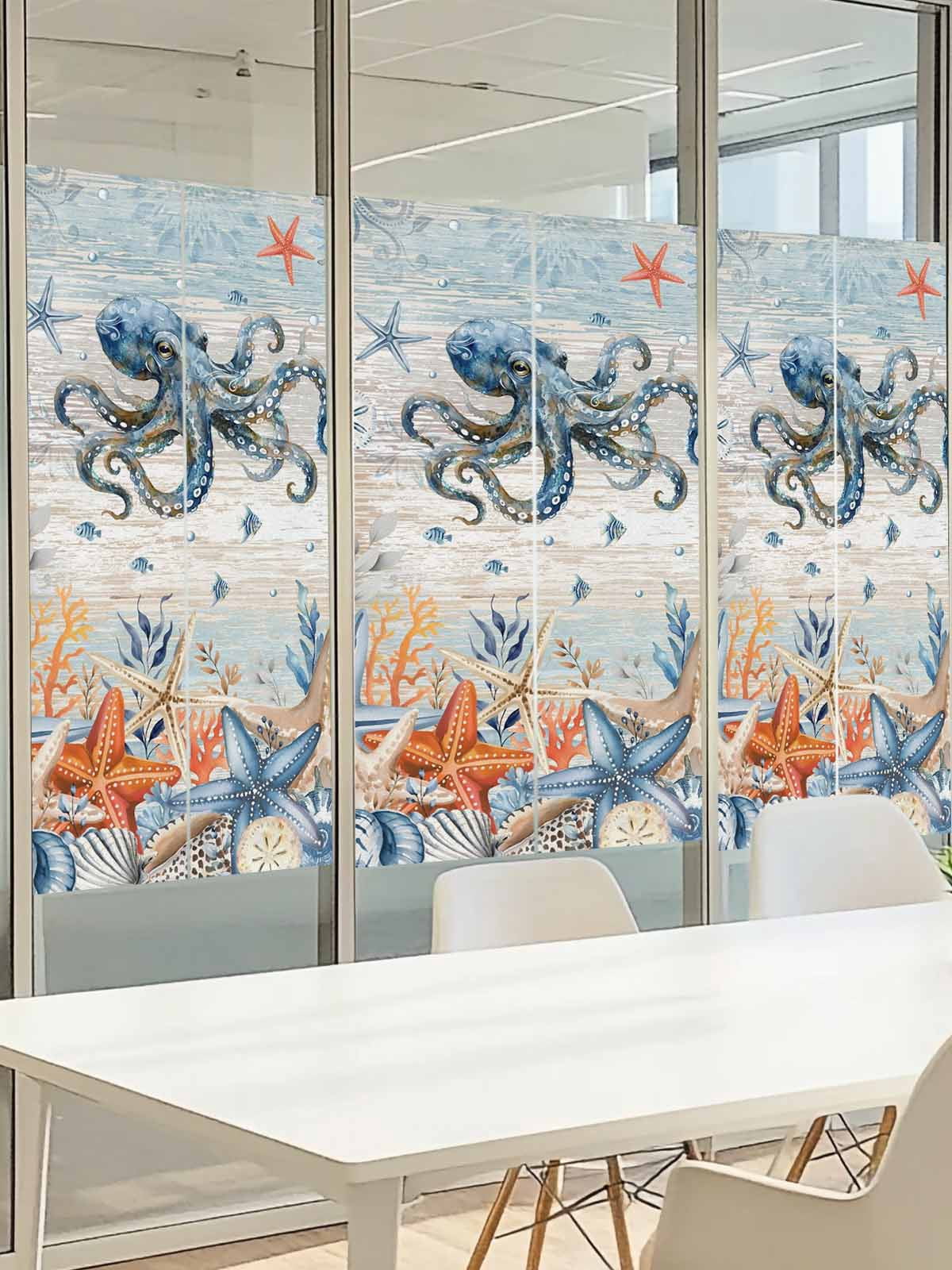 Oceans Marine Life Window Privacy Film, Orange Blue Octopus Starfish Retro Wooden Frosted Glass Window Clings Static Cling UV Heat Blocking Reusable Door Sticker for Bathroom 23.6 x 59 Inch