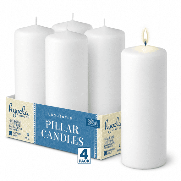 Hyoola 2 x 6 White Unscented European Made Pillar Candles, Dripless Paraffin Wax with Smokeless Cotton Wicks, 4-Pack