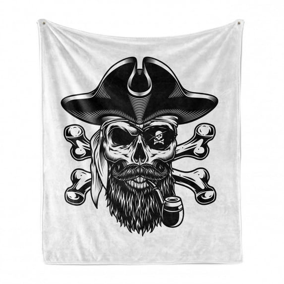 Skull Smoking Soft Flannel Fleece Throw Blanket, Pirate Skeleton Portrait Sketch Wearing Eye Patch and Captain Hat, Cozy Plush for Indoor and Outdoor Use, 50" x 60", White Charcoal Grey, by Ambesonne