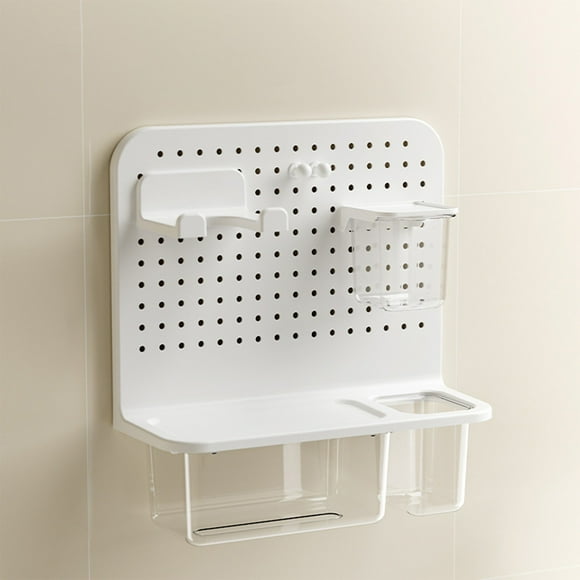 White Modular No Drill Adhesive Bathroom Storage Rack Wall Mounted Hole Panel Shelf Shower Caddy Organizer For Toilet Paper Shampoo Soap Bath Accessories White Plastic Design