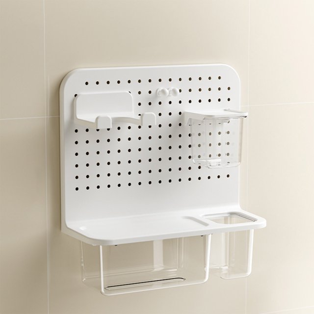 Estante modular para ducha Lisbinx | Organizador de baño de pared sin taladros | Estantería multiusos de plástico con ganchos y bandeja | Blanco | Ahorra espacio 37,5 x 35,5 x 15 cm | Diseño flexible