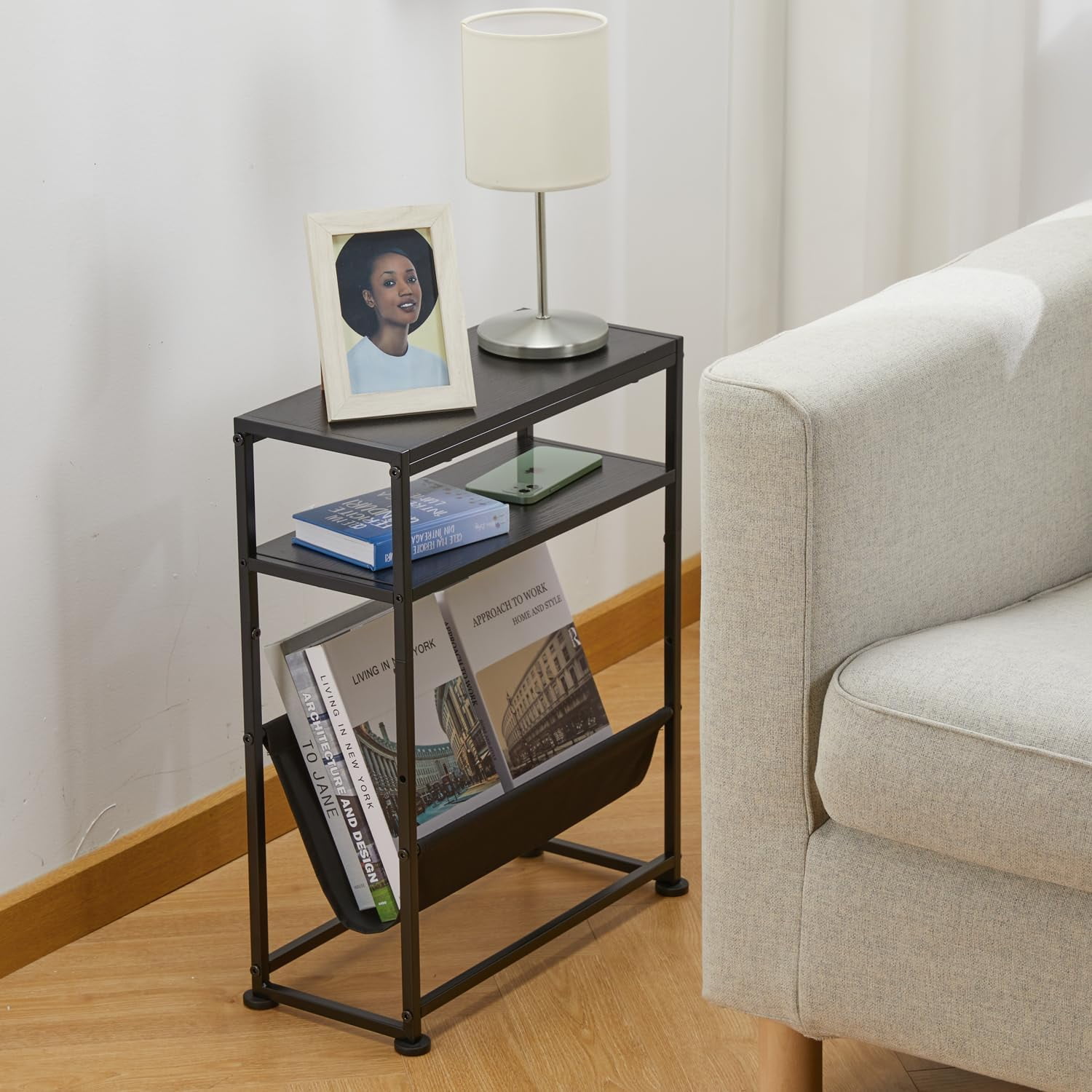 ZEXVIDA Narrow End Table for Small Spaces - Slim Side Table with Magazine Holder,2 in 1 Design Narrow End Table Living Room,Skinny Bedroom Nightstand Thin Side Magazine Table,Black