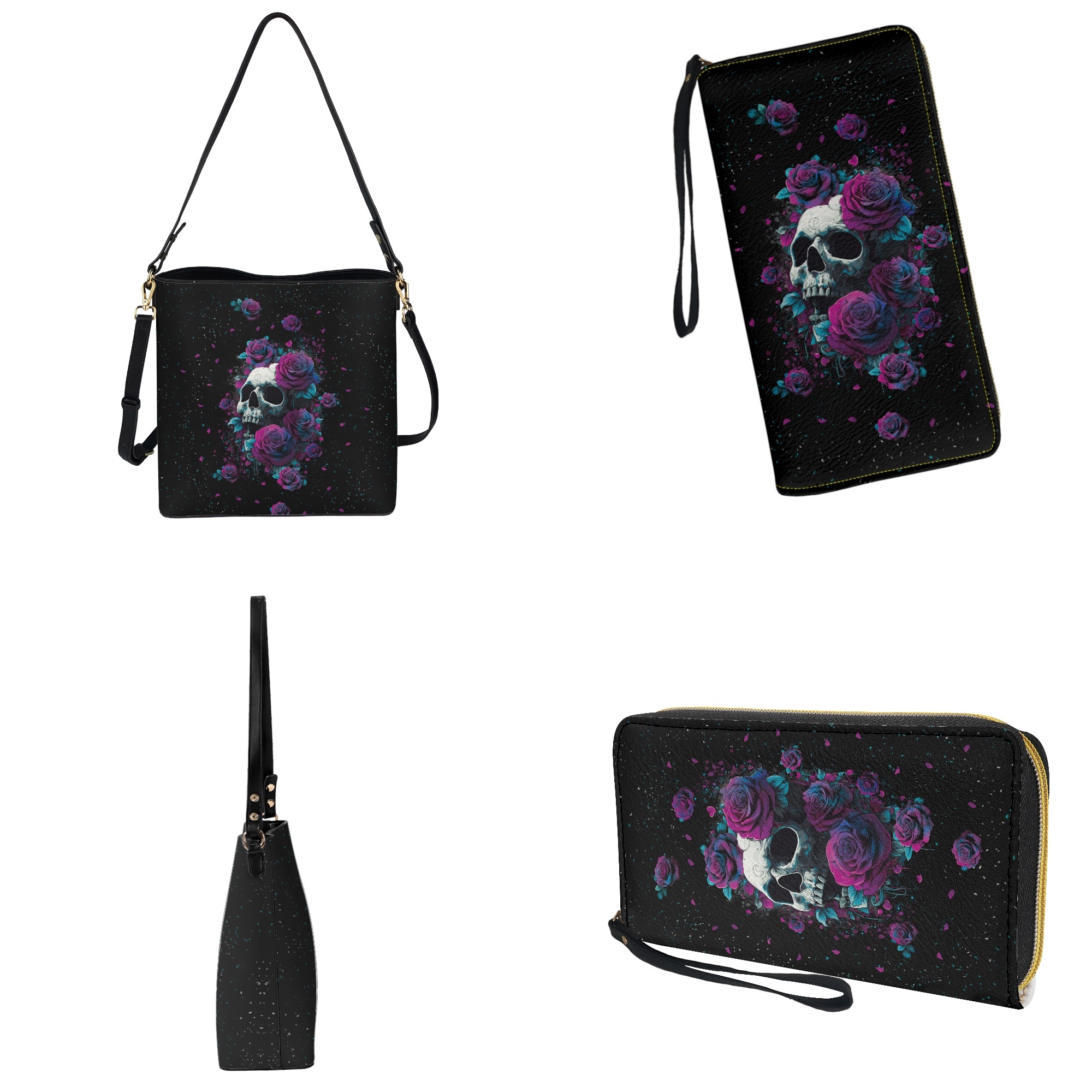 ZUXONGSY Rose Skull Galaxy Print Bucket Purse and Wallet Set for Women Lady Trendy Shoulder Bag with Leather Wallet Lightweight Top-Handle Handbags with Purse for Shopping