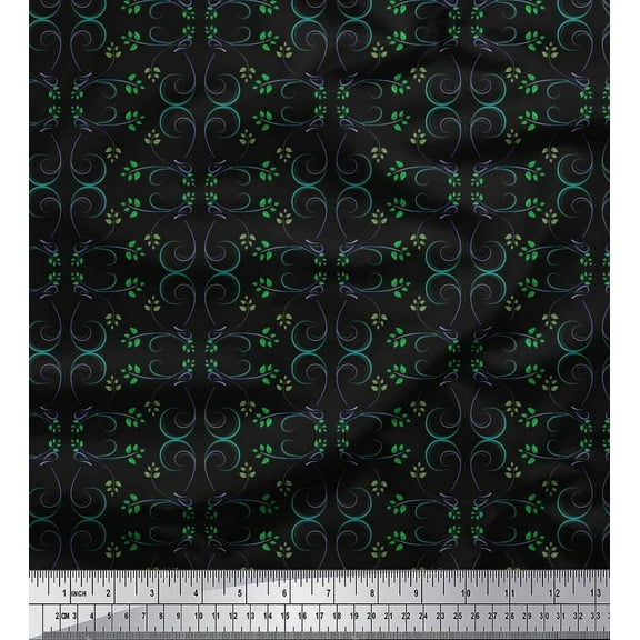 Soimoi Black Cotton Duck Fabric Leaves & Filigree Damask Fabric Prints By Yard 42 Inch Wide