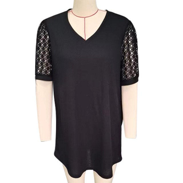 Camisa de manga corta de encaje con cuello en V para mujer, blusa de punto holgada informal de talla grande