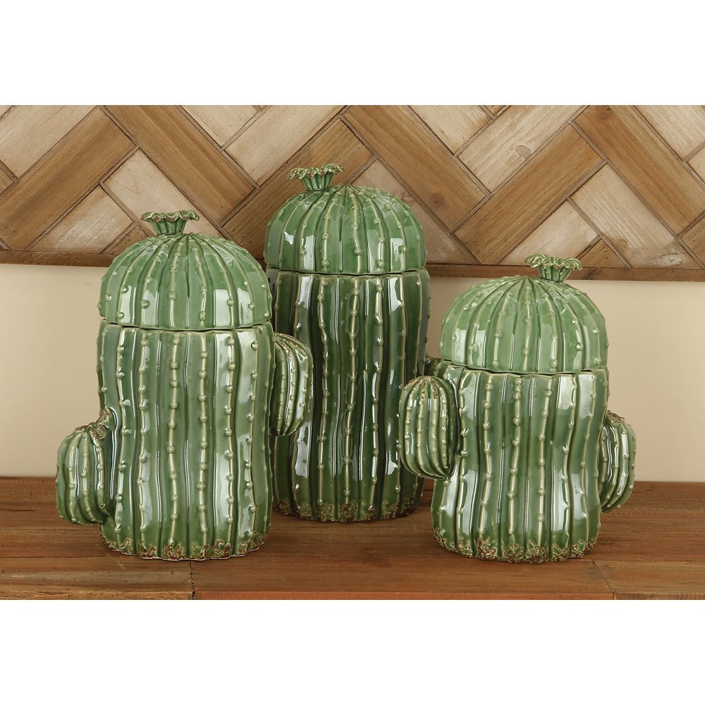 Decmode Large Ceramic Green Cactus Pottery Decorative Jars with Lids