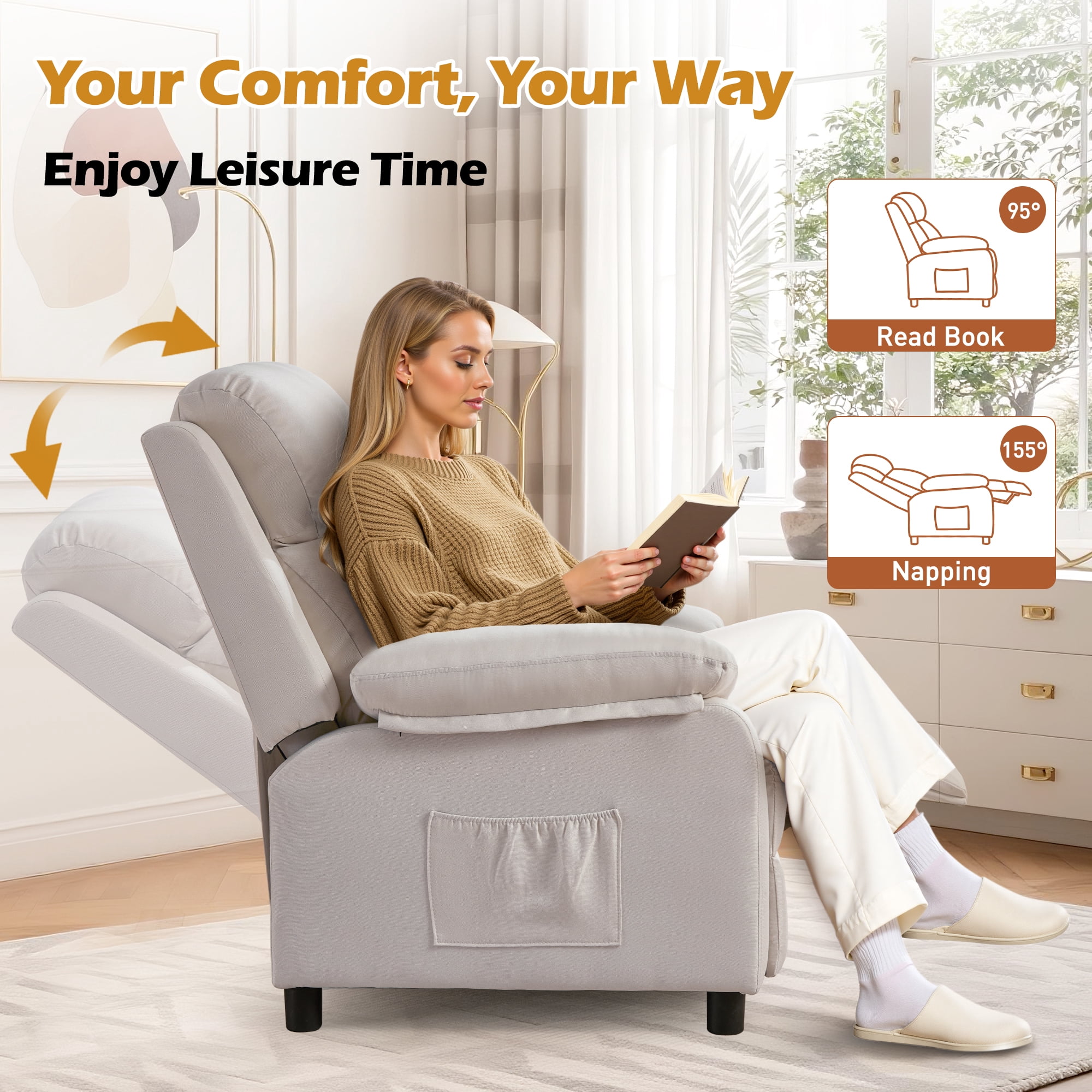 Korser Manual Push Back Recliner Chair with Side Pockets,Recliner Chairs for Adults for Living Room,Small Recliners for Small Spaces,Linen,Beige
