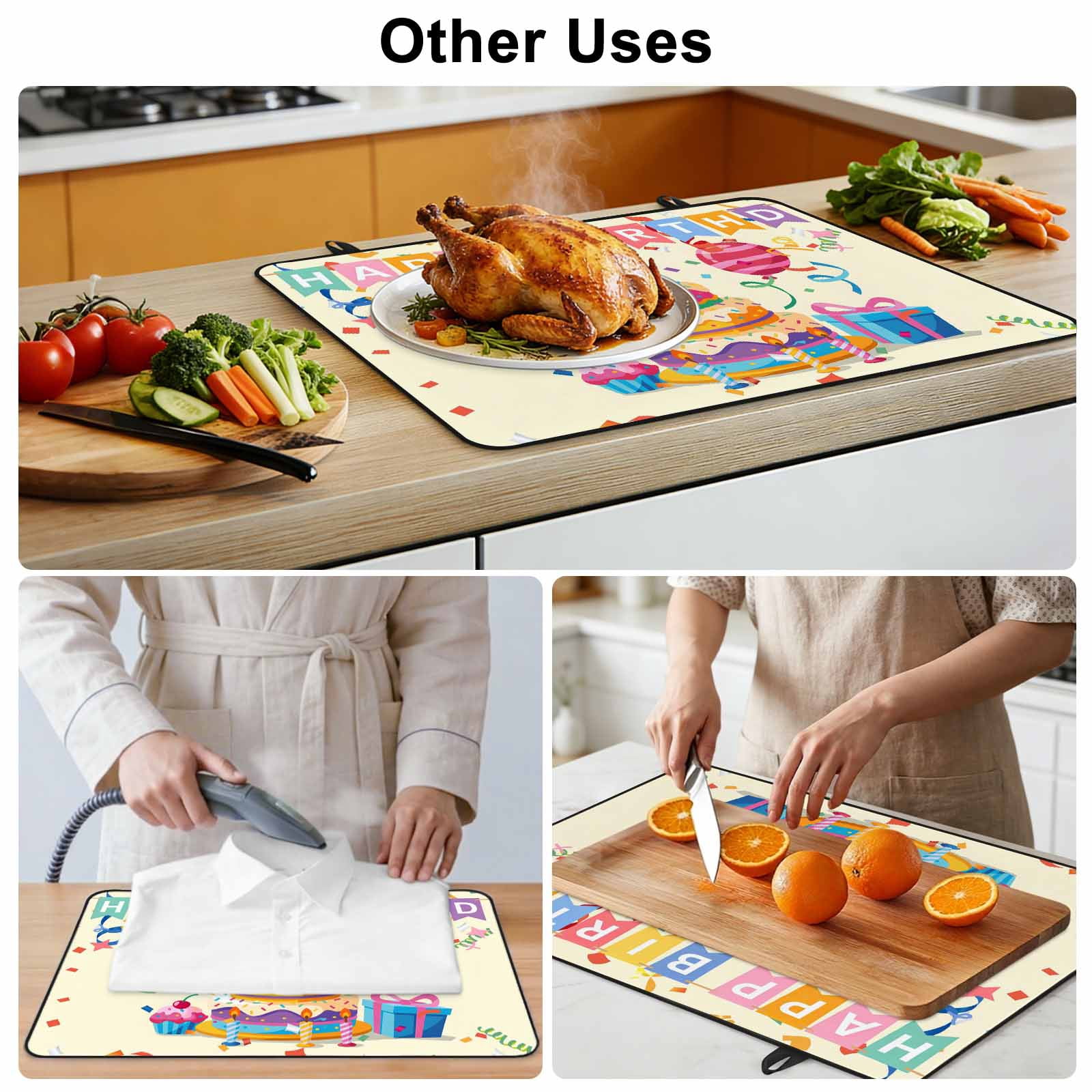 Happy Birthday Cake Stove Top Cover for Electric Stove, Heat-proof & Non Slip Glass Top Stove Cover Protector, Ribbon Balloon Cartoon Cute Kitchen Flat Cooktop Rubber Mat 24x21 Inches