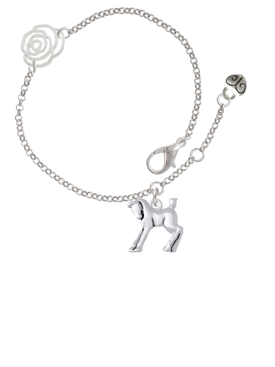 Delight Jewelry Silvertone Equestrian Horse Silver-tone Rose Link Chain Bracelet, 6.25"+1.75" Extender