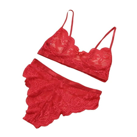 

fanshao 2Pcs Sexy Underwear Set Sexy See-through Solid Color Women Wire Free Split Bra Briefs Set for Memorial Day