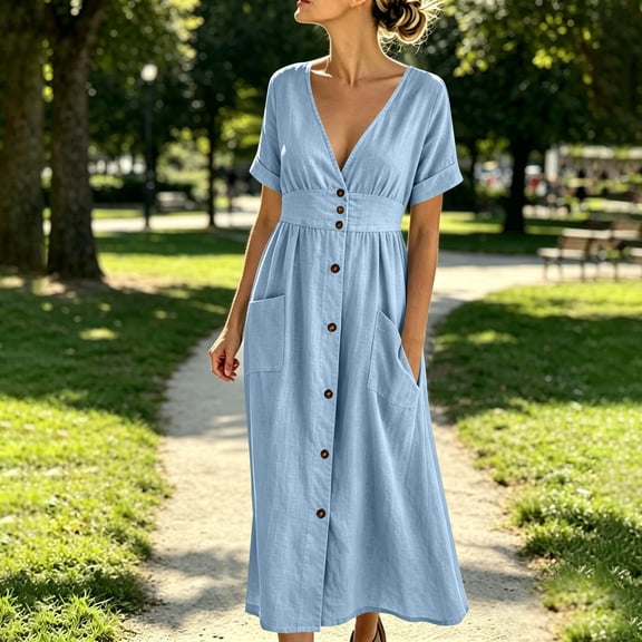 IUYRTFE Women's V Neck Button Down Midi Dress Short Sleeve Lightweight Casual Summer Flowy Dress with Pockets