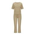 thumbnail image 4 of yardsong 2 Piece Outfits for Women Summer,Womens Two Piece Outfit Crewneck Short Sleeve Tapered Capri Pants Belted Casual Linen Lounge Sets with Pockets Beige,L, 4 of 4