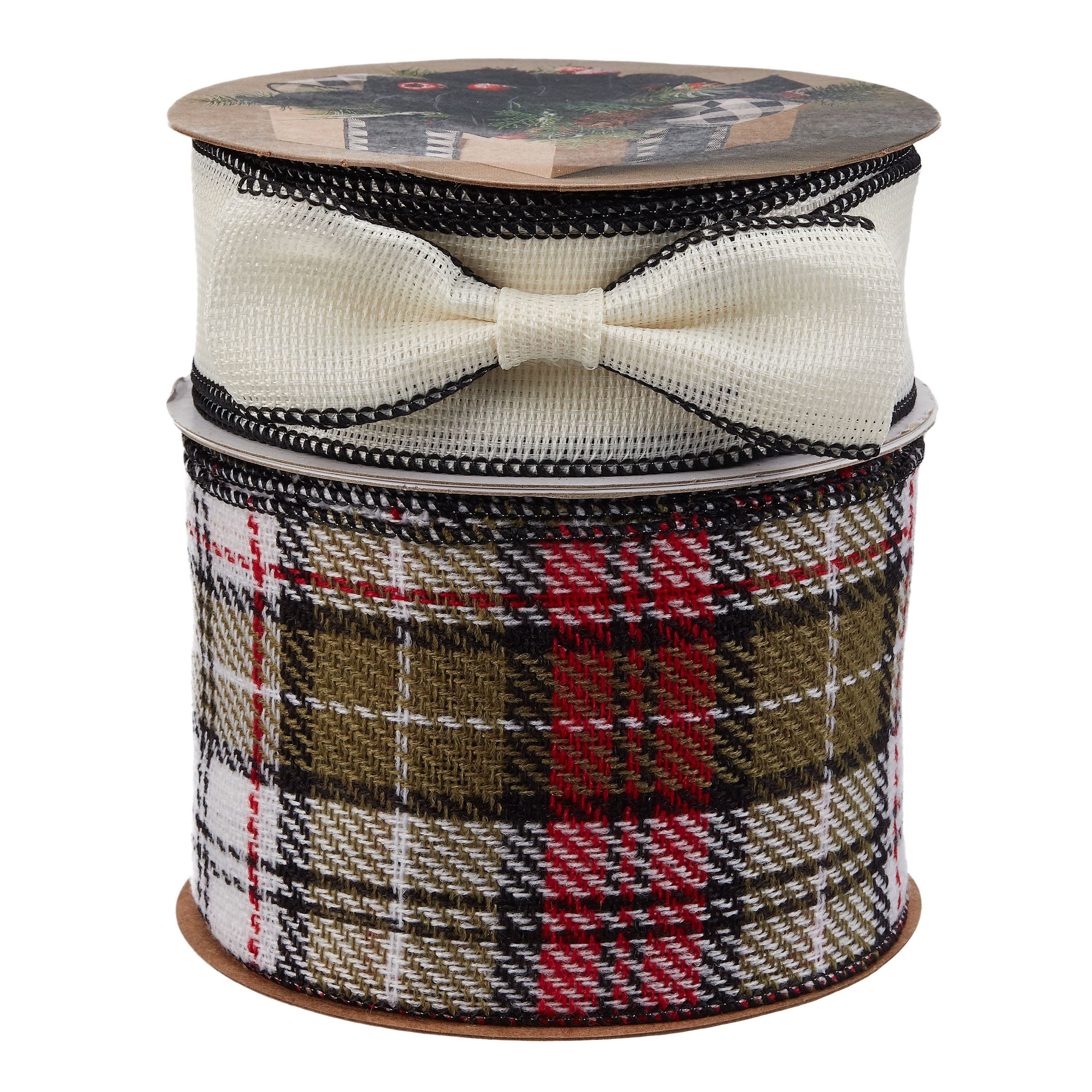 Holiday Time Solid White/Red and Green Plaid Christmas Ribbon, 3" W x