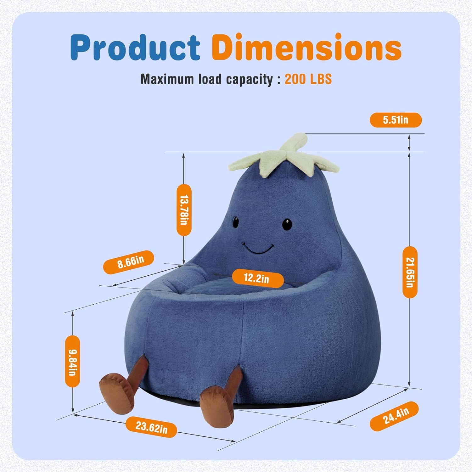 CONCETTA 24in Bean Bag Chair, Soft Faux Rabbit Fur Fabric, Cute Eggplant Lazy Chair for Kids, Living Rooms, Dark Blue