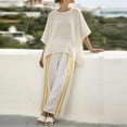 thumbnail image 4 of SOOMLON Boho Outfits for Women Plus Size White Crew Neck Batwing Sleeve Shirt Wide Leg Striped Pants 2 Piece Set, 4 of 5
