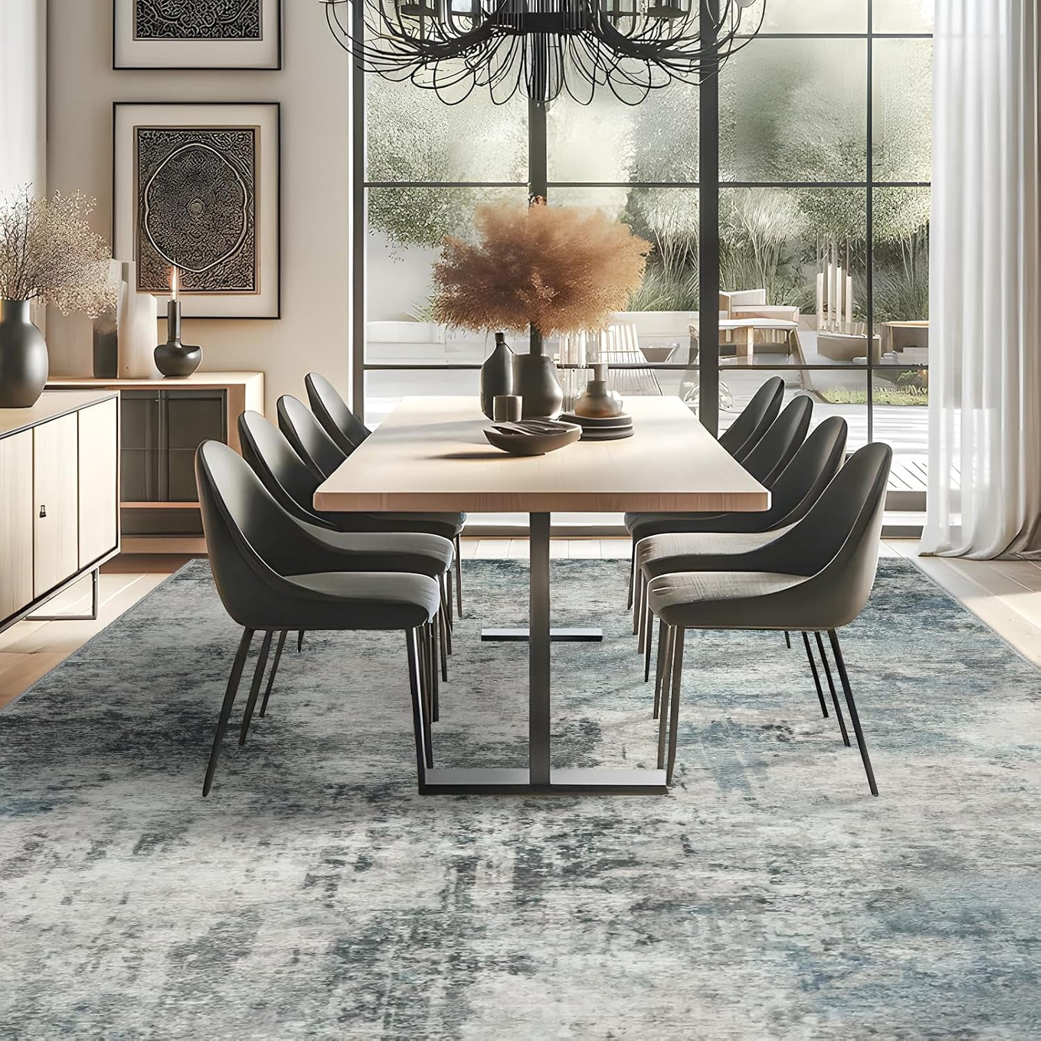 YOUFORTONG 9x12 Abstract Area Rug,Large Washable Indoor Rug,Non-Slip Stain Resistant Distressed Soft Carpet for Living Room Bedroom Farmhouse,Blue