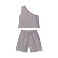 thumbnail image 3 of Huowey Girls Baby Summer Outfits Solid Color Sleeveless One Shoulder Crop Top Shirt And Elastic Waist Wide Leg Shorts Stylish Breathable Soft Cozy Dailywear Sets,Grey,3-4 Years, 3 of 4