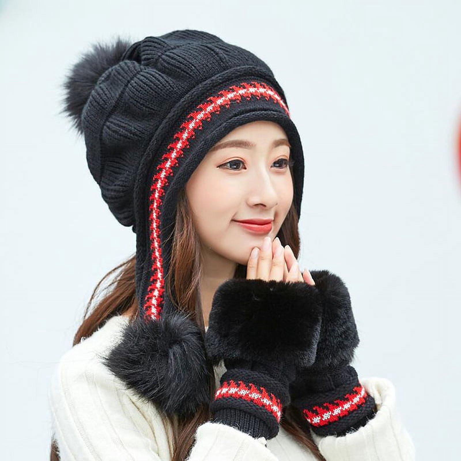 Winter Hat Gloves Set for Women Girls Warm Beanies Pompoms Winter Snow Ski Hats Knitted Caps and Gloves