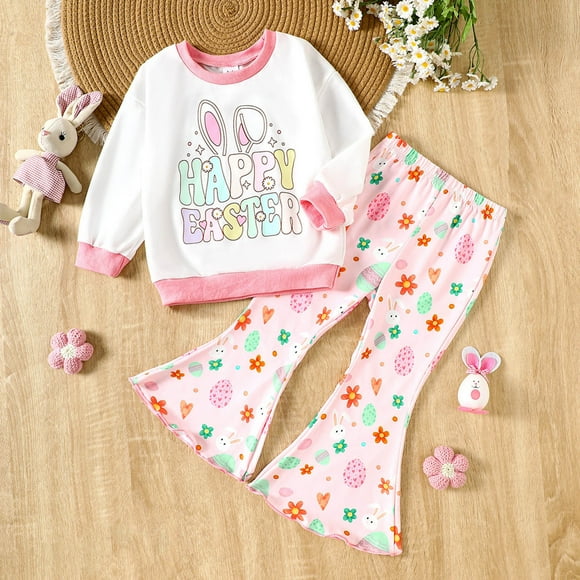 Hfolob Toddler Girl Clothes Outfits Easter Long Sleeve Cartoon Prints T Shirt Pullover Tops Flares Pants Cute 2 Piece Outfits 18-24 Months