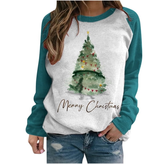 Dyegold Women Christmas Sweatshirts Novelty Cute Tops Merry Christmas Ladies Holiday Plus Size Pullover Casual Teen Girls Funny Hoodie Crewneck Xmas Tree Blouse Sweater Graphic Sweatshirt